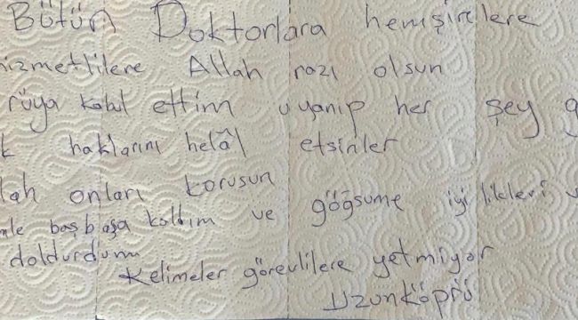 Sağlık çalışanlarına şükran duygularını kağıt havluya yazdı