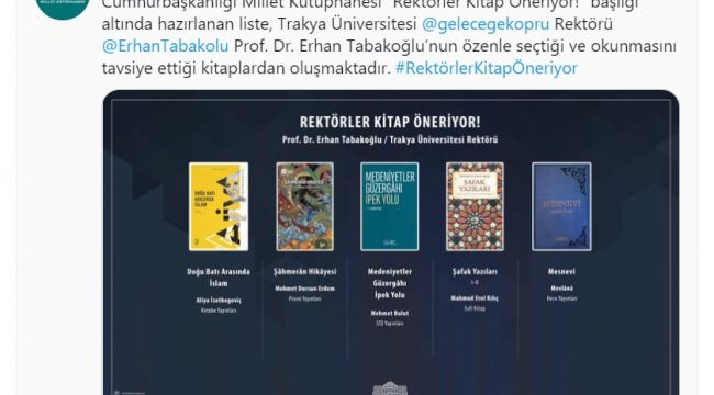 TÜ rektörü Prof. Dr. Erhan Tabakoğlu, kitap öneriyor