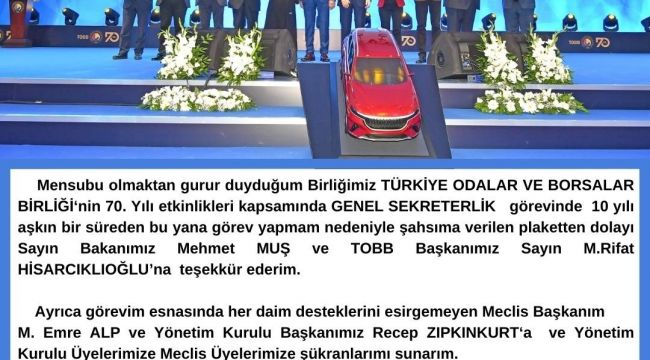 ETSO Sekreteri Taşkın’a 10’ncu yıl ödülü