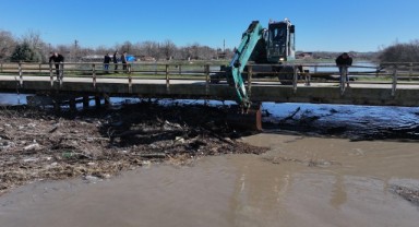 Köprü ayağında biriken ağaç gövdeleri çıkarıldı